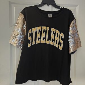 Women's Black Steelers Tee with Gold Sequin Sleeves